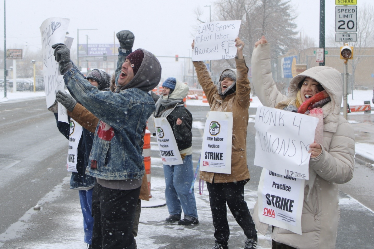 Sloans Lake Alamo Drafthouse employees picket off of Colfax Avenue on Feb. 15, 2025